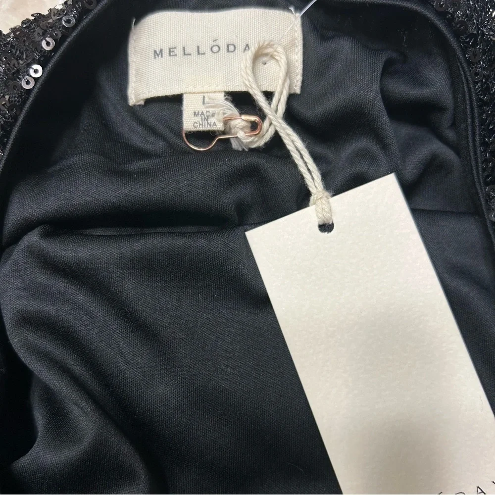 Melloday Black Sequin Short Sleeve Top | Size Large | Lined Party Blouse